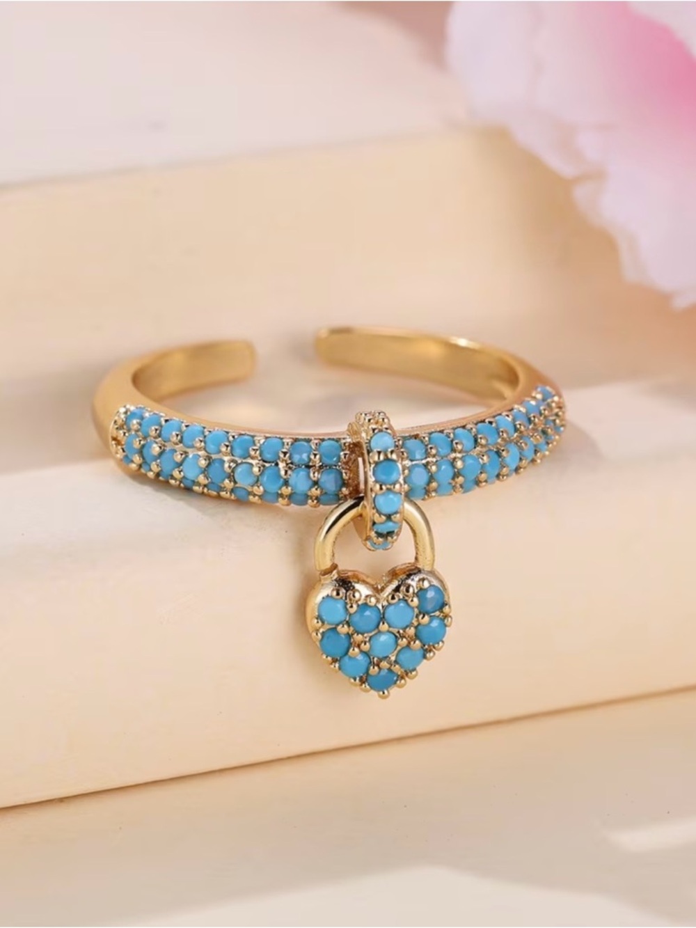 Gold-Tone Turquoise Heart Charm Open Ring